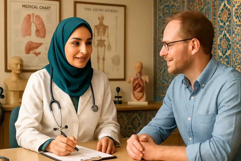 A modern Iranian doctor in a white coat kindly consulting with an international patient in a state-of-the-art clinic