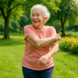 an elderly woman, smiling and engaging in physical activity