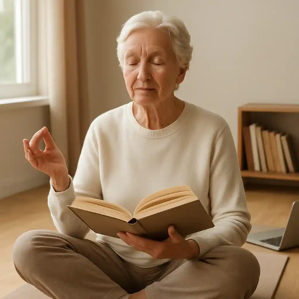 an elderly person practicing meditation or reading a book in a calm, bright indoor setting